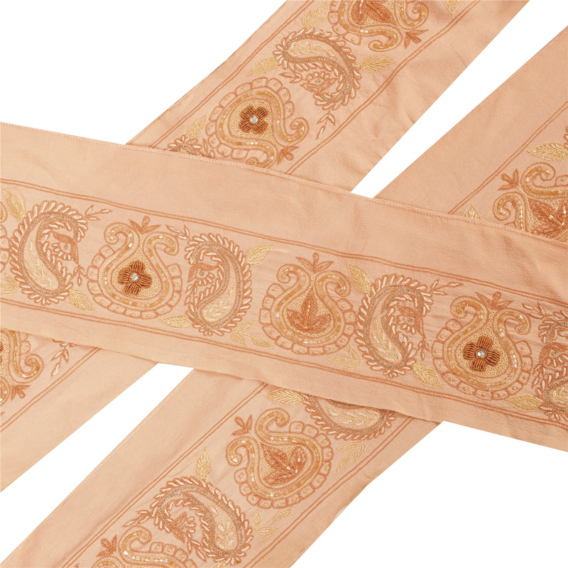 Sanskriti Vintage Sari Border Hand Beaded Zari 1YD Indian Trim Sewing Peach Lace
