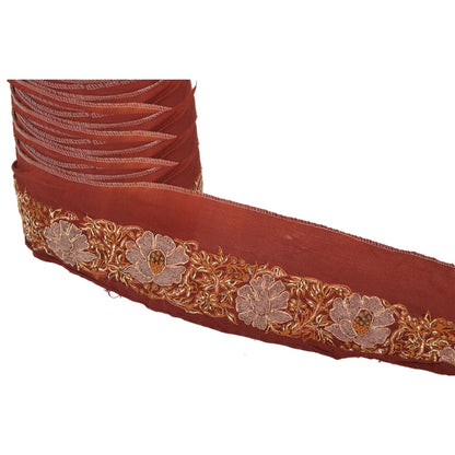 Sanskriti Vintage Sari Border Hand Embroidered 1 Yd Trim Sewing Brown Craft Lace