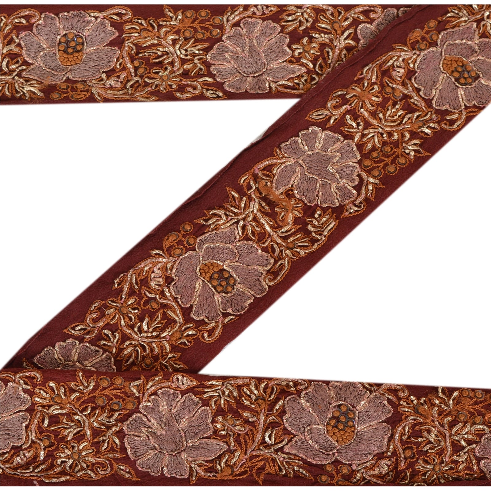 Sanskriti Vintage Sari Border Hand Embroidered 1 Yd Trim Sewing Brown Craft Lace