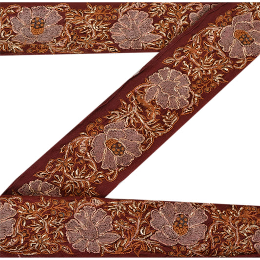 Sanskriti Vintage Sari Border Hand Embroidered 1 Yd Trim Sewing Brown Craft Lace
