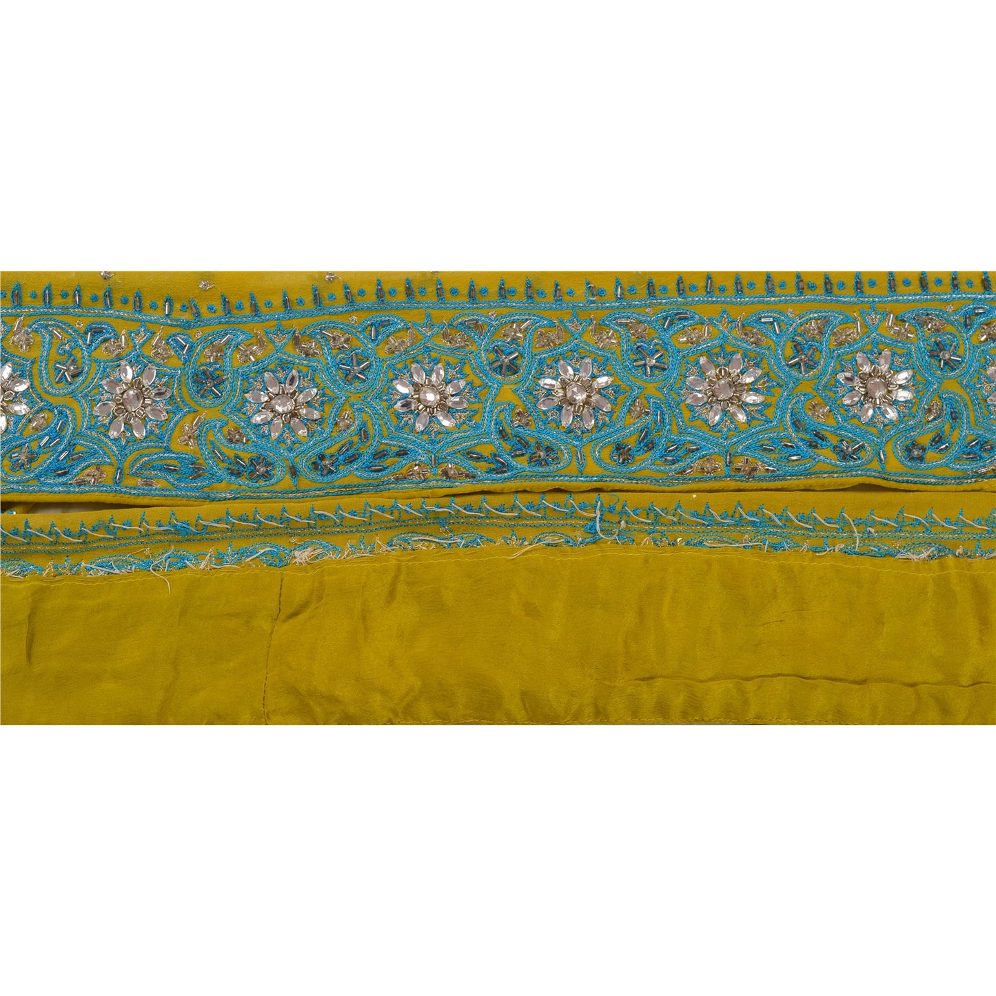 Sanskriti Vintage Sari Border Hand Beaded 1Yd Trim Sewing Green Rhinestone Lace