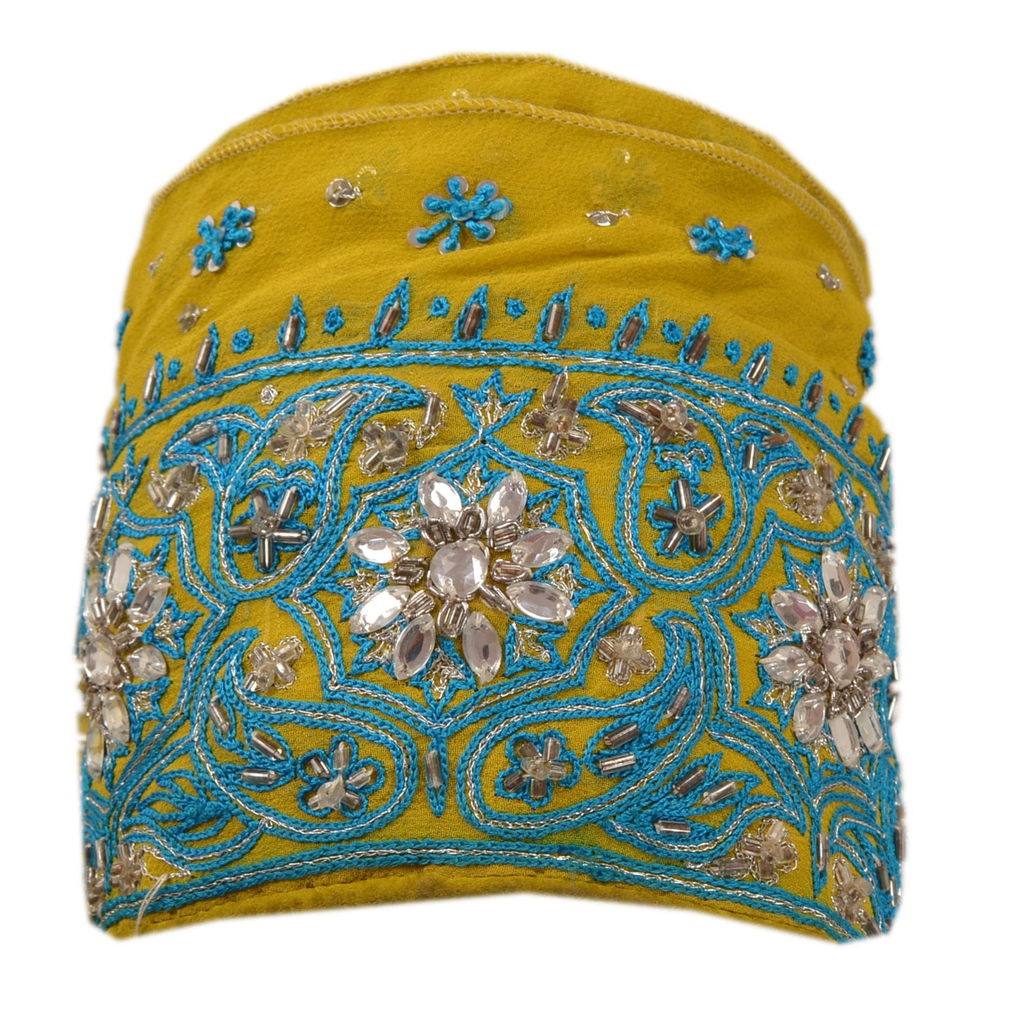 Sanskriti Vintage Sari Border Hand Beaded 1Yd Trim Sewing Green Rhinestone Lace