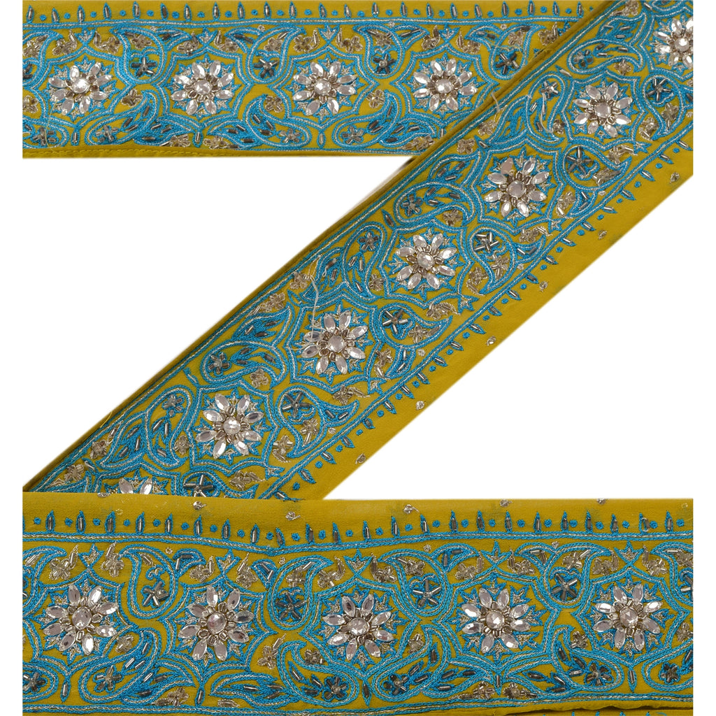 Sanskriti Vintage Sari Border Hand Beaded 1Yd Trim Sewing Green Rhinestone Lace