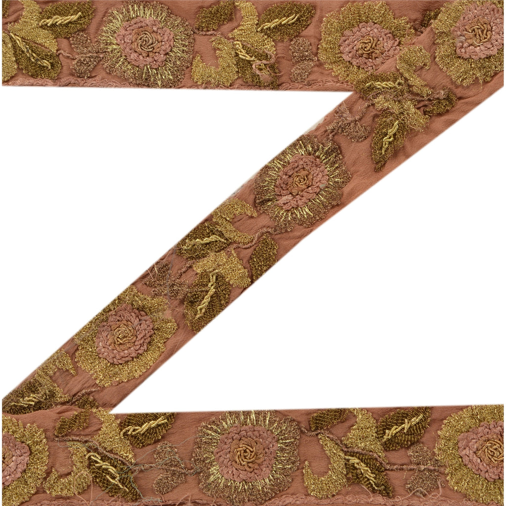 Sanskriti Vintage Sari Border Hand Embroidered 1Yd Indian Trim Ribbon Brown Lace