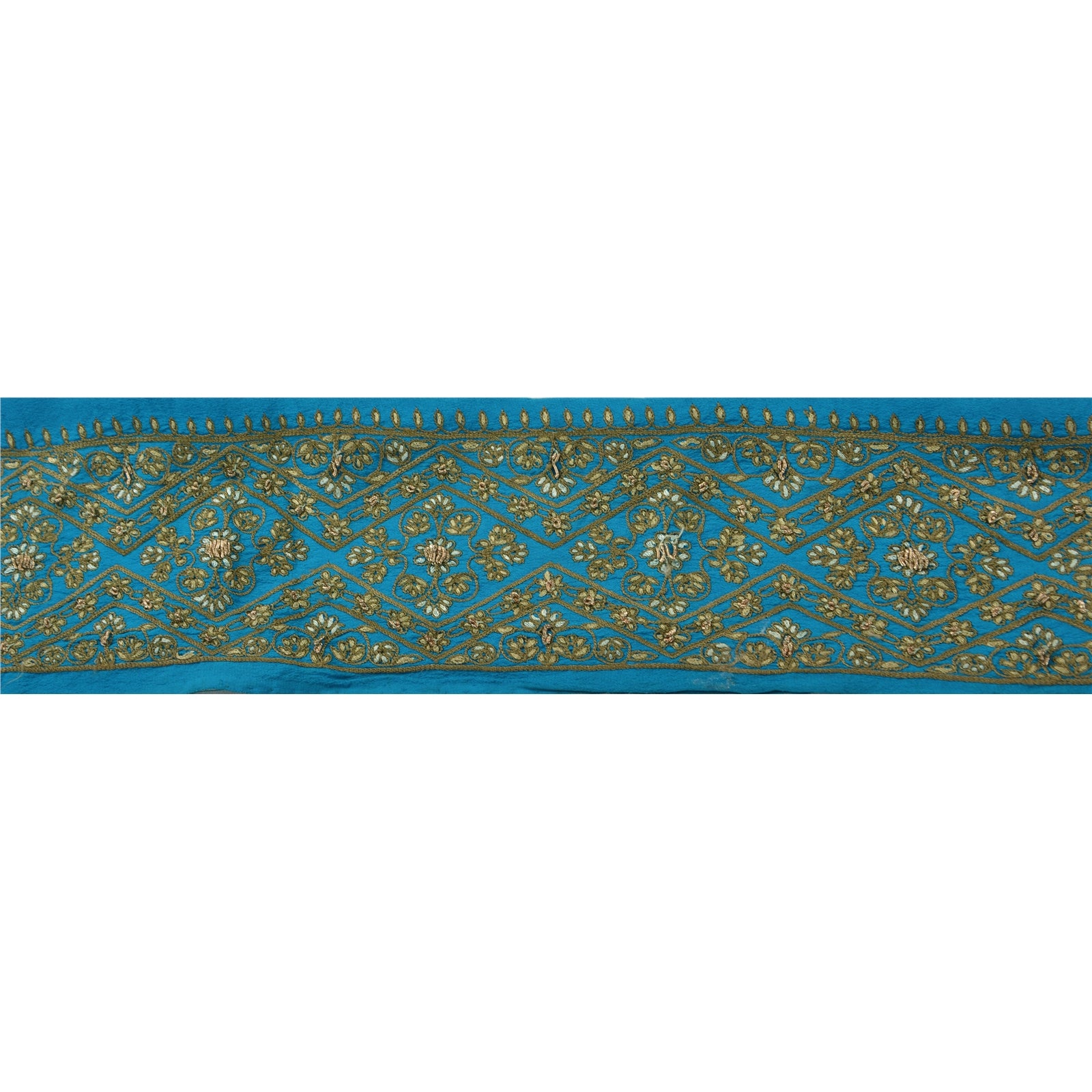 Sanskriti Vintage Blue Crepe Silk Sari Border: Hand Embroidered Indian Trim, Gold Zardozi (1 Yard)