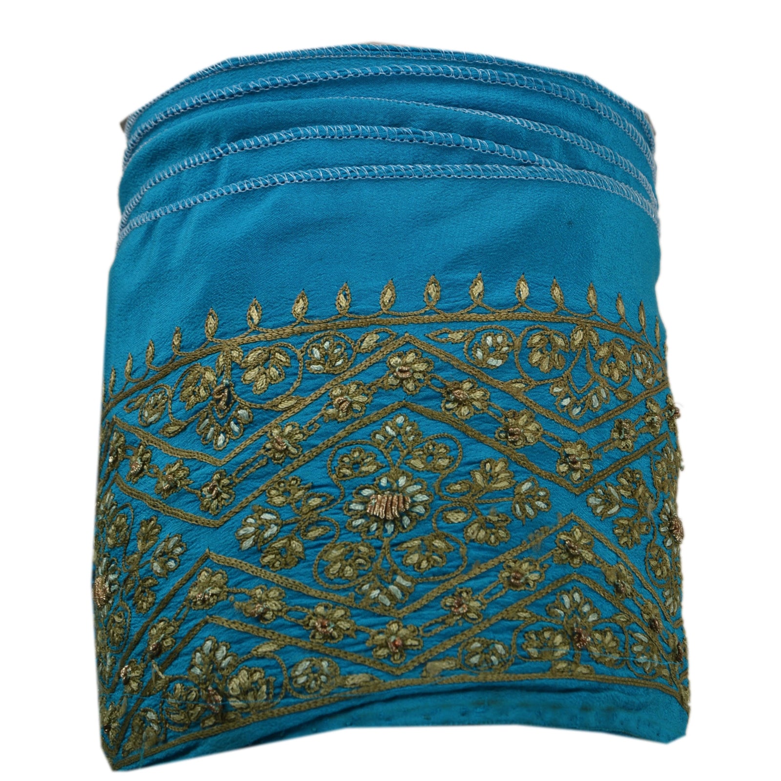 Sanskriti Vintage Blue Crepe Silk Sari Border: Hand Embroidered Indian Trim, Gold Zardozi (1 Yard)
