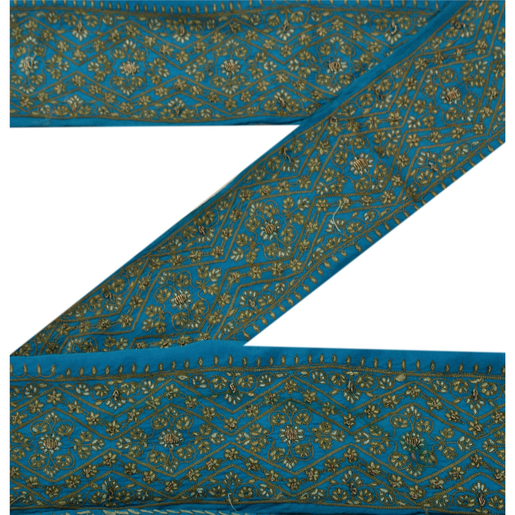 Sanskriti Vintage Sari Border Hand Embroidered 1Yd Indian Trim Sewing Blue Lace