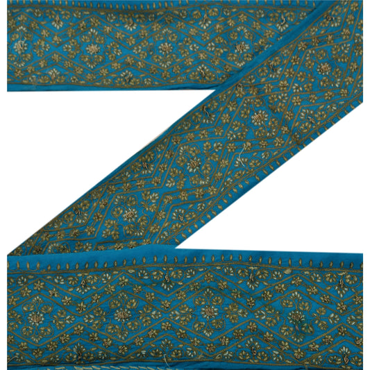 Sanskriti Vintage Sari Border Hand Embroidered 1Yd Indian Trim Sewing Blue Lace
