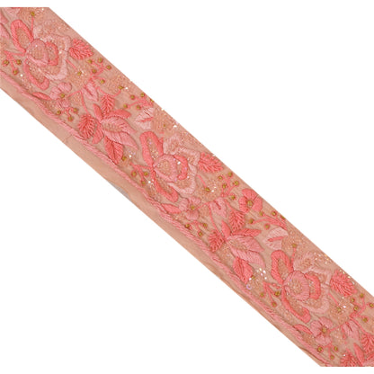 Sanskriti Vintage Sari Border Hand Beaded 1 Yd Trim Sewing Pink Craft Lace