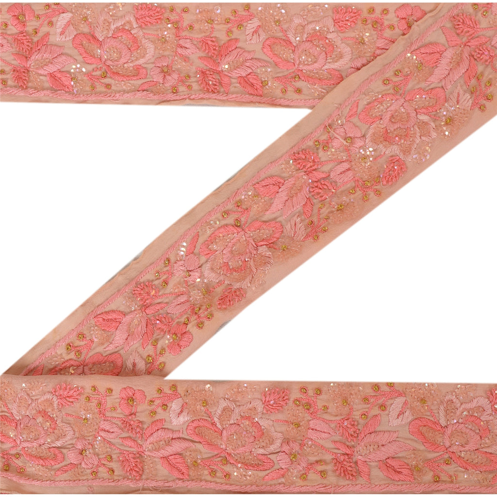 Sanskriti Vintage Sari Border Hand Beaded 1 Yd Trim Sewing Pink Craft Lace