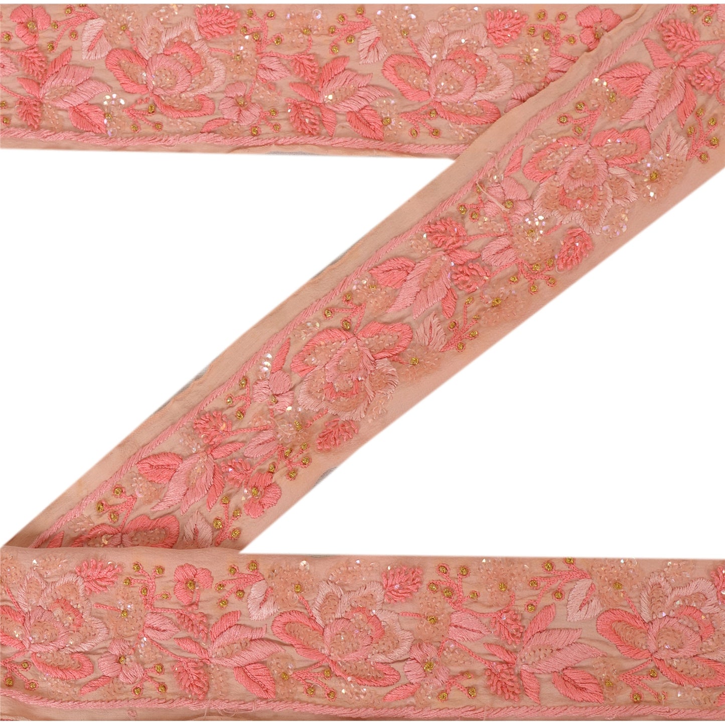 Sanskriti Vintage Sari Border Hand Beaded 1 Yd Trim Sewing Pink Craft Lace
