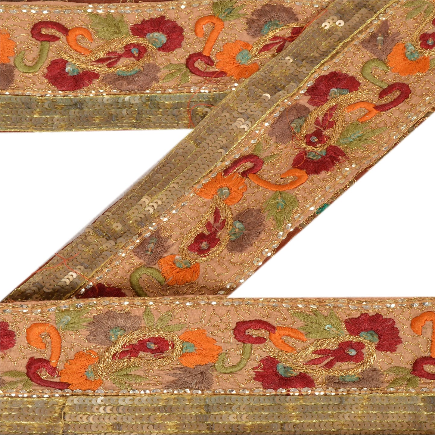 Sanskriti Vintage Sari Border Antique Hand Beaded 1 Yd Indian Trim Sewing Orange Zari Lace