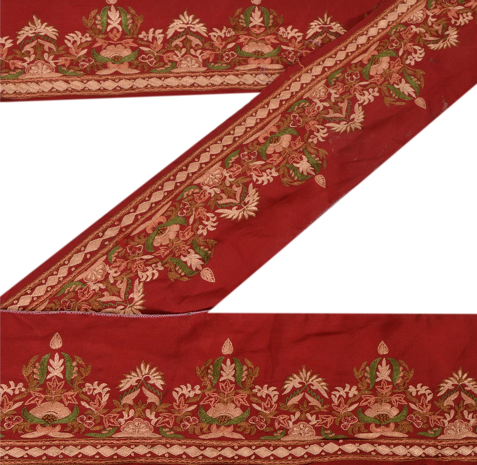 Sanskriti Vintage Sari Border Hand Embroidered 1 YD Trim Sewing Dark Red Lace