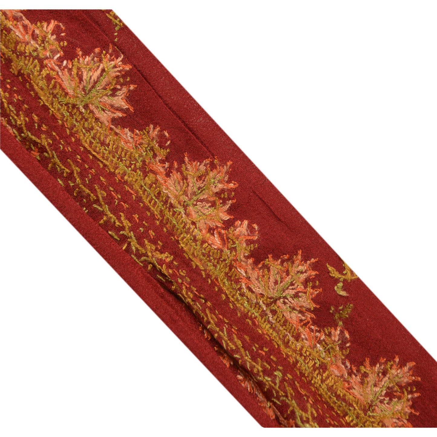 SANSKRITI VINTAGE Border Antique Hand Embroidered 1 YD Trim Ribbon Dark Red Lace