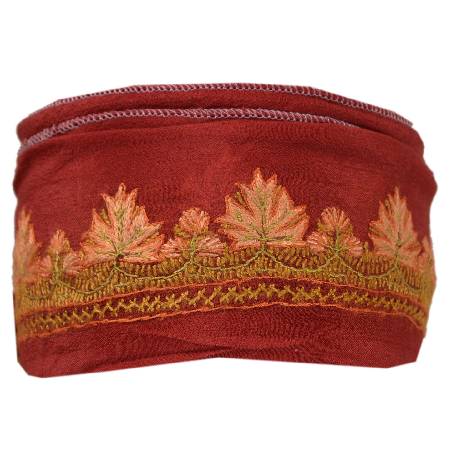 SANSKRITI VINTAGE Border Antique Hand Embroidered 1 YD Trim Ribbon Dark Red Lace