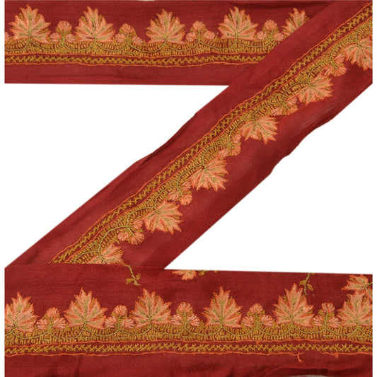SANSKRITI VINTAGE Border Antique Hand Embroidered 1 YD Trim Ribbon Dark Red Lace