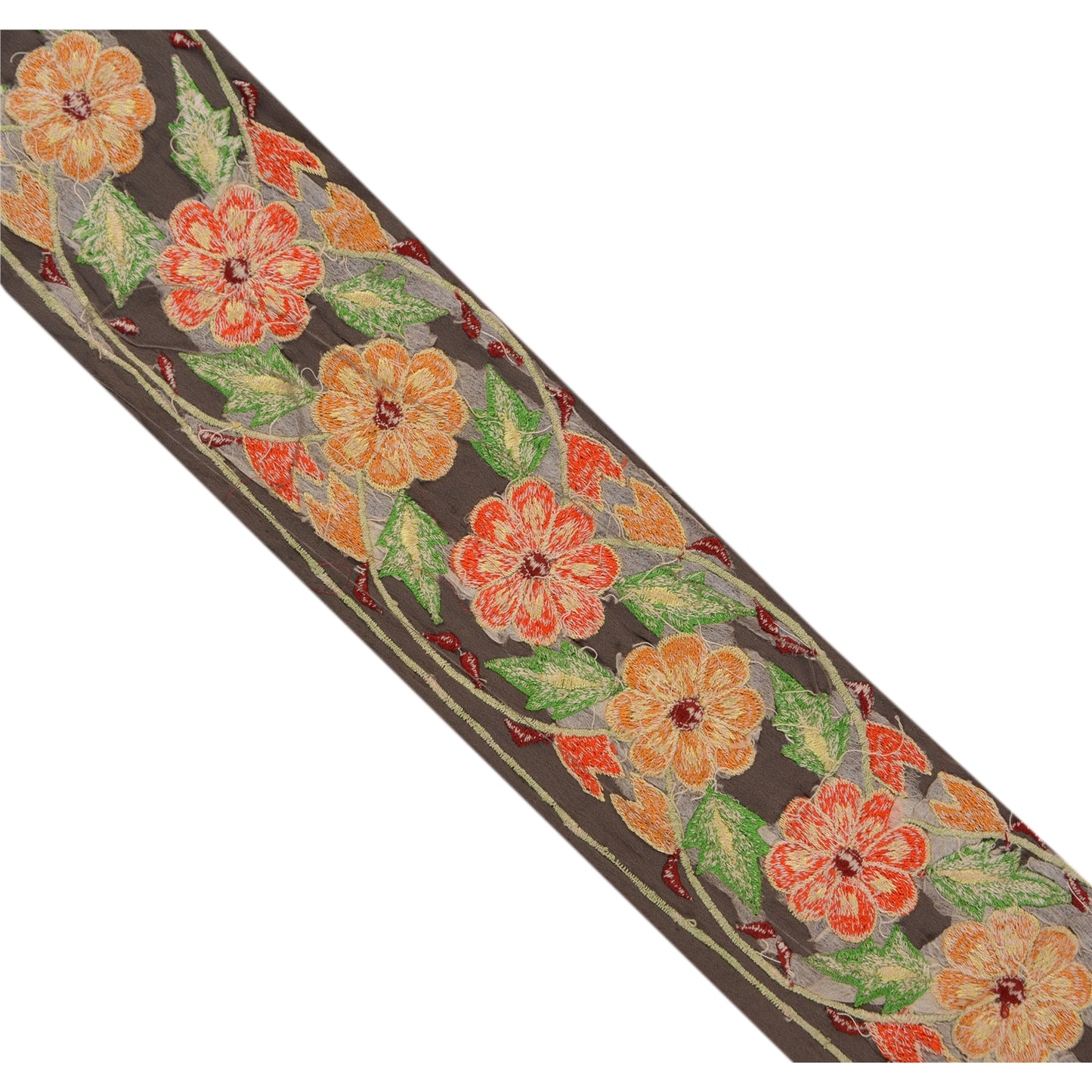 Sanskriti Vintage Border Embroidered Thread 1 YD Trim Sewing Grey Silk Lace 3"W