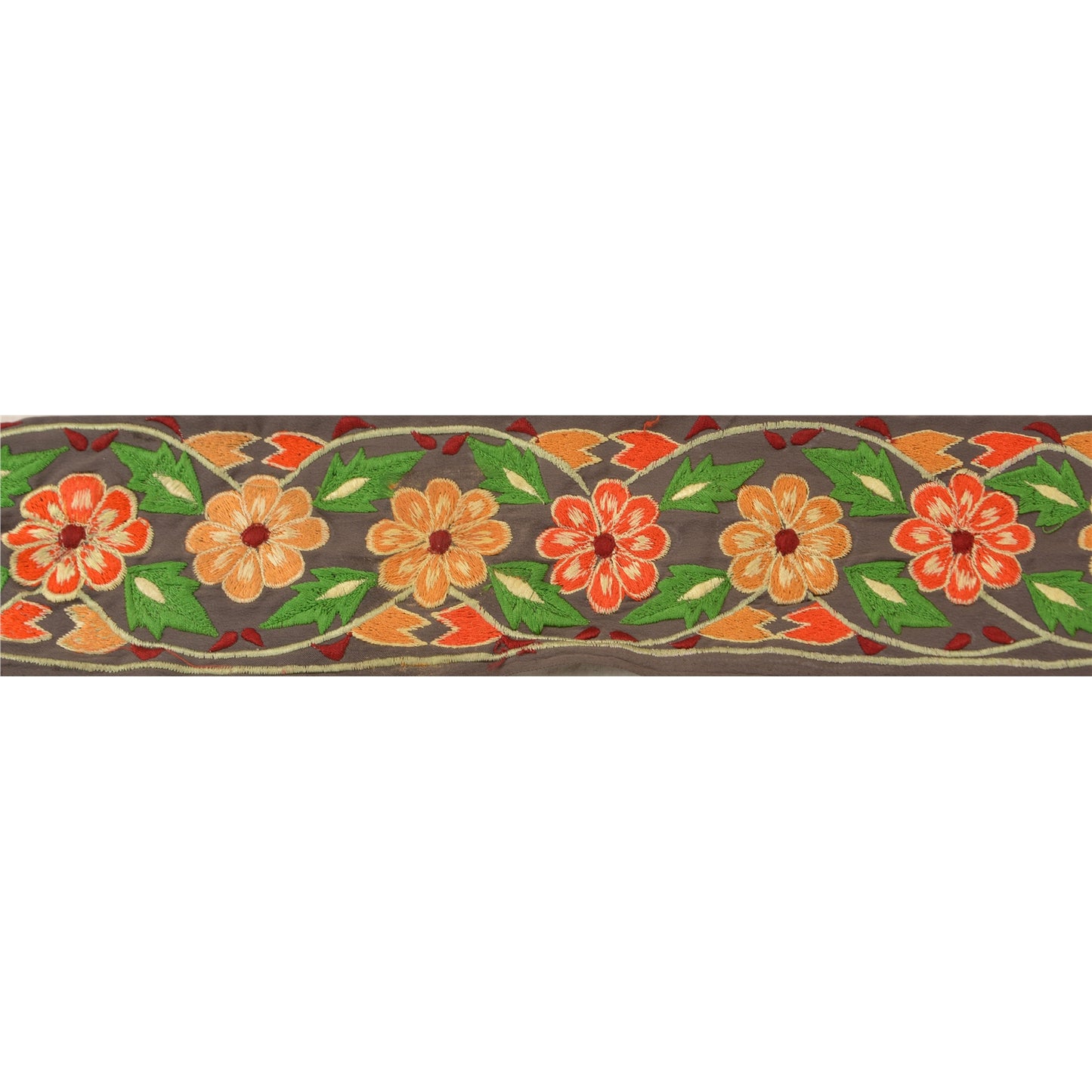 Sanskriti Vintage Border Embroidered Thread 1 YD Trim Sewing Grey Silk Lace 3"W