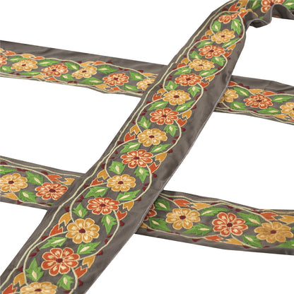 Sanskriti Vintage Border Embroidered Thread 1 YD Trim Sewing Grey Silk Lace 3"W