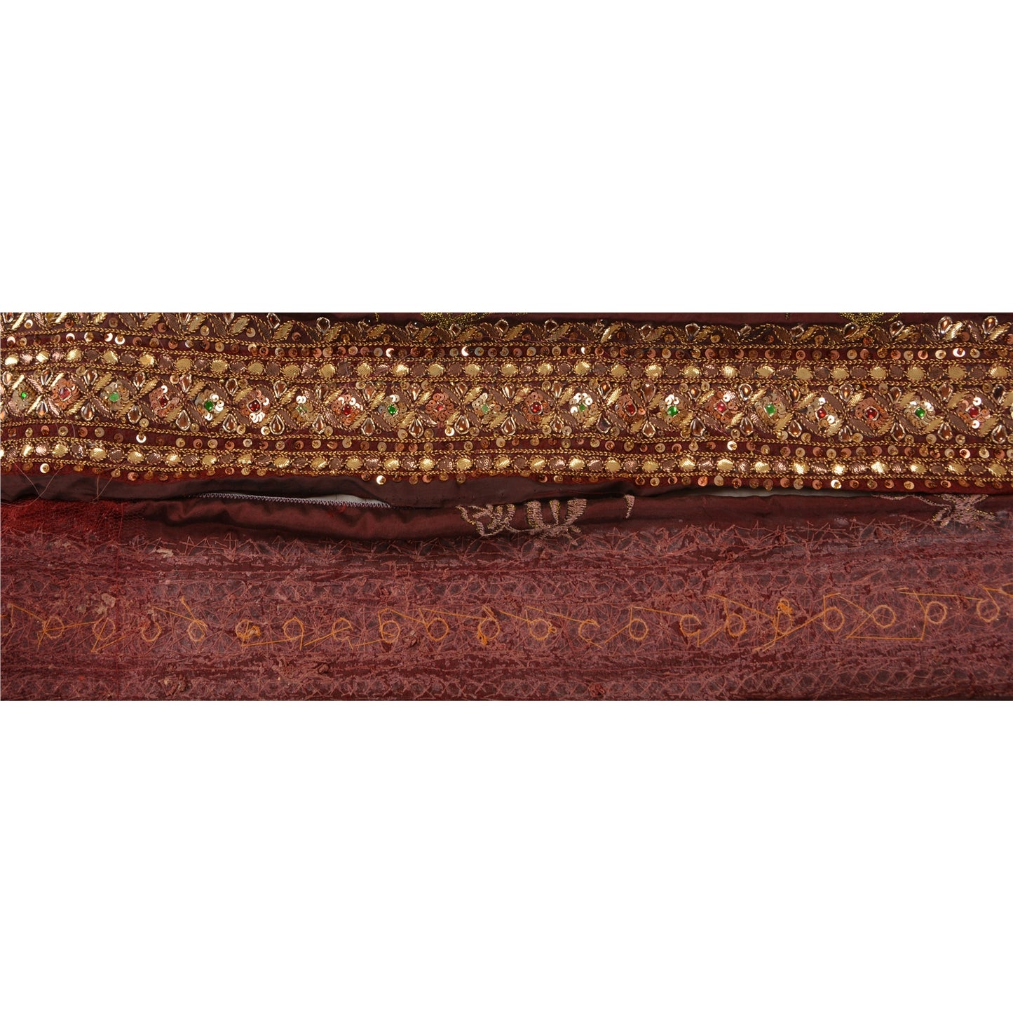 Sanskriti Vintage Sari Border Handbead 1Yd Trim Sewing Brown Kundan Stone Lace