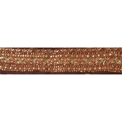 Sanskriti Vintage Sari Border Handbead 1Yd Trim Sewing Brown Kundan Stone Lace