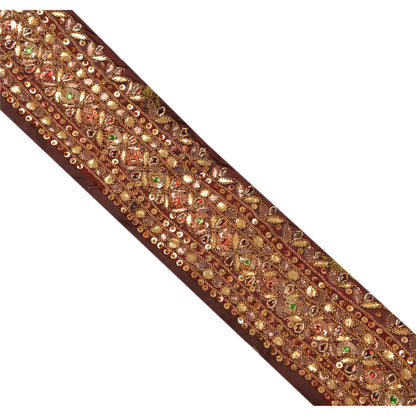 Sanskriti Vintage Sari Border Handbead 1Yd Trim Sewing Brown Kundan Stone Lace
