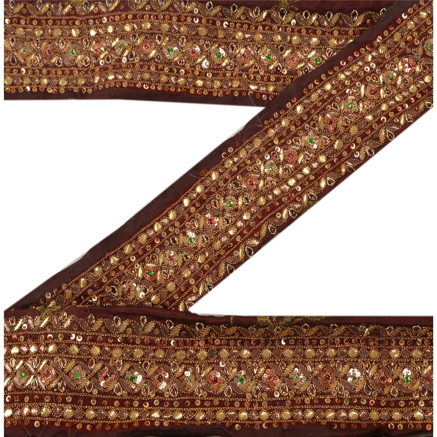 Sanskriti Vintage Sari Border Handbead 1Yd Trim Sewing Brown Kundan Stone Lace