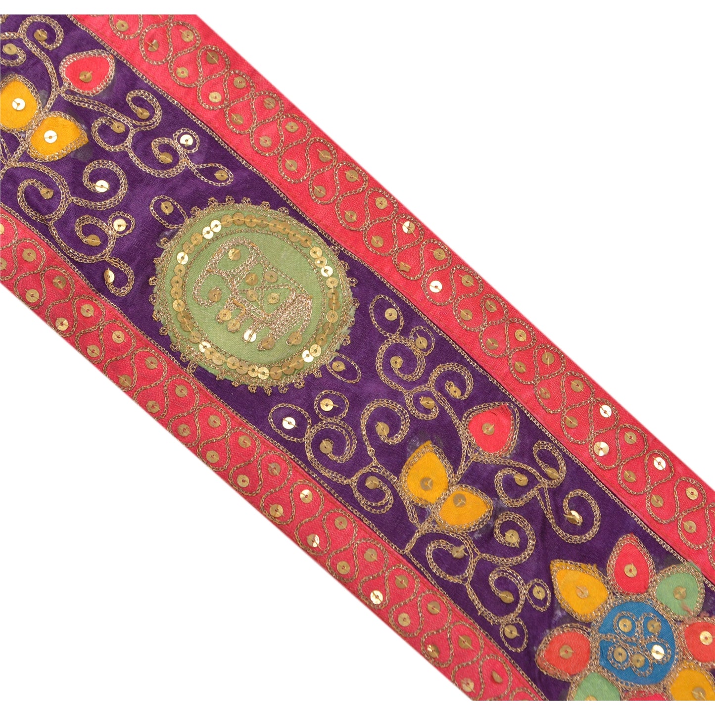 Sanskriti Vintage Sari Border Hand Beaded 1Yd Indian Trim Sewing Pink Patch Lace