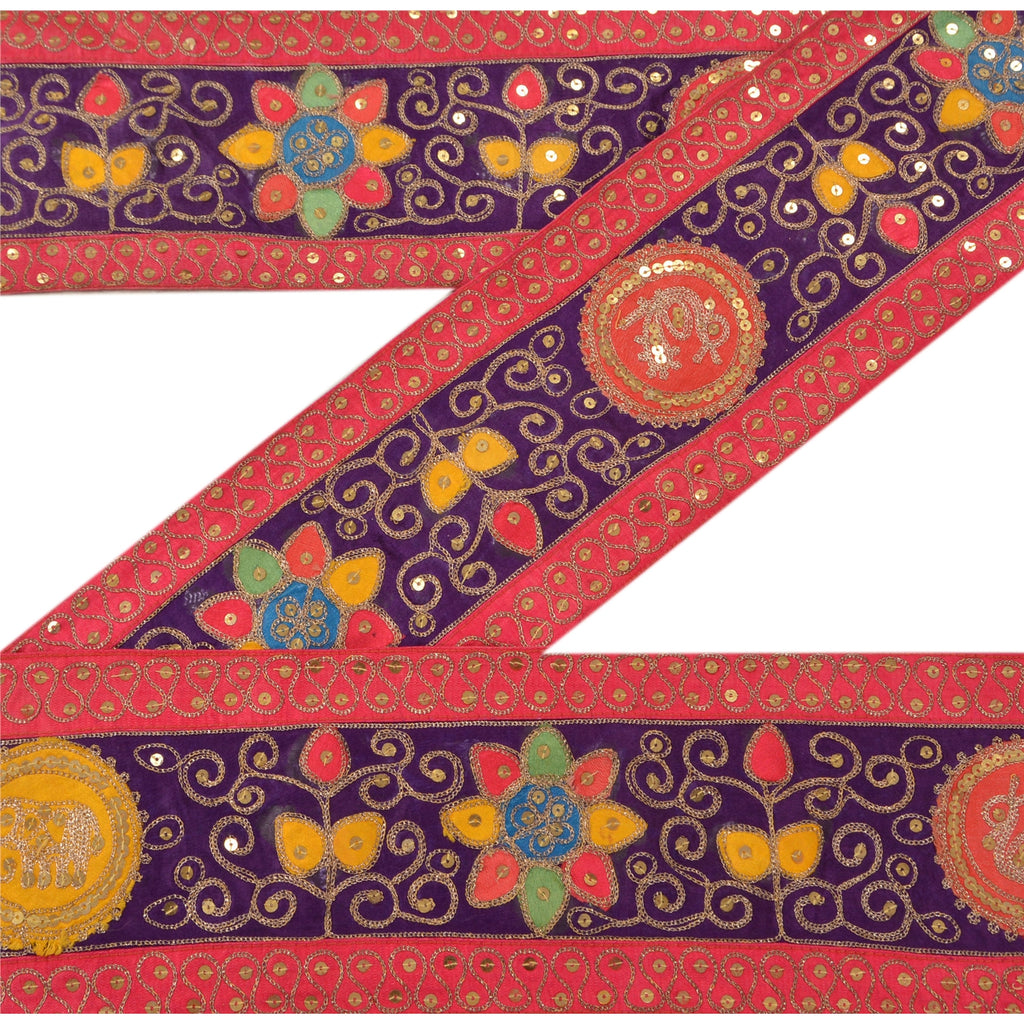 Sanskriti Vintage Sari Border Hand Beaded 1Yd Indian Trim Sewing Pink Patch Lace