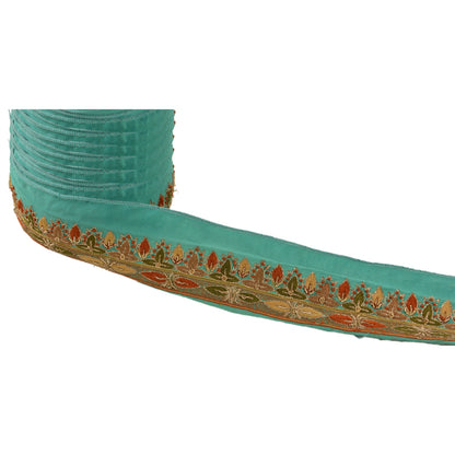 Sanskriti Vintage Sari Border Hand Beaded 1 Yd Indian Trim Ribbon Turquoise Lace