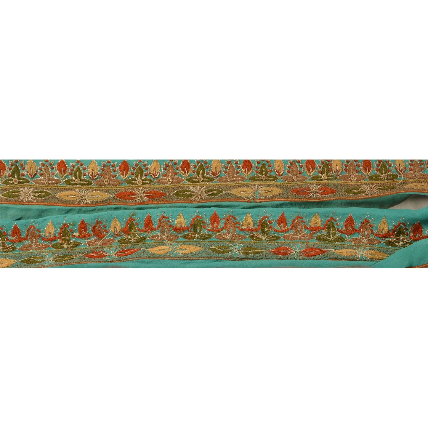 Sanskriti Vintage Sari Border Hand Beaded 1 Yd Indian Trim Ribbon Turquoise Lace