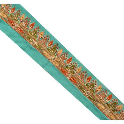 Sanskriti Vintage Sari Border Hand Beaded 1 Yd Indian Trim Ribbon Turquoise Lace