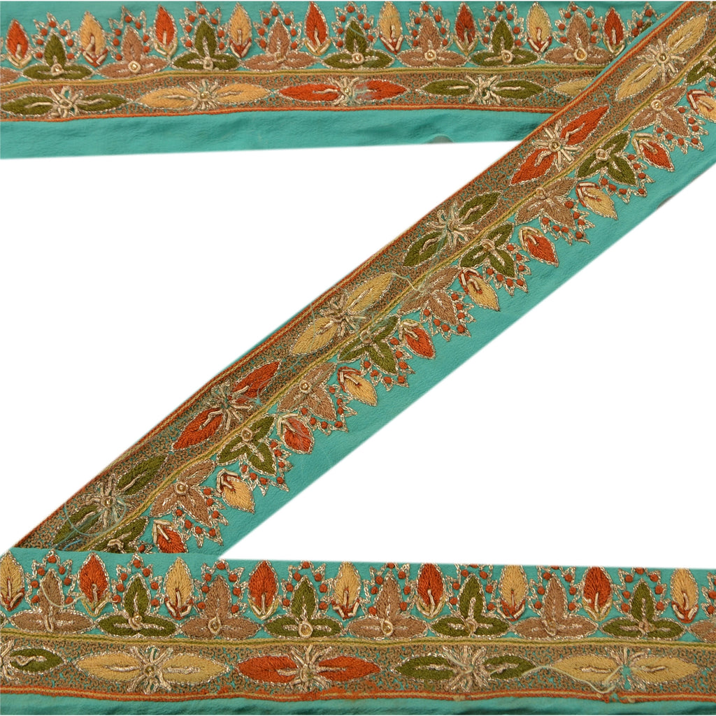 Sanskriti Vintage Sari Border Hand Beaded 1 Yd Indian Trim Ribbon Turquoise Lace