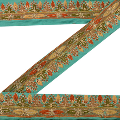 Sanskriti Vintage Sari Border Hand Beaded 1 Yd Indian Trim Ribbon Turquoise Lace