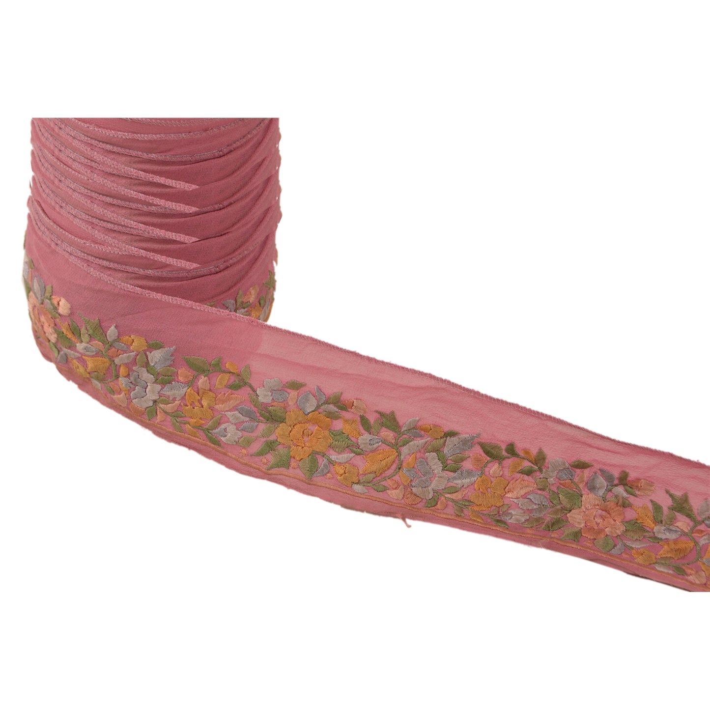 Sanskriti Vintage Sari Border Embroidered 1Yd Trim Sewing Pink Craft Floral Lace