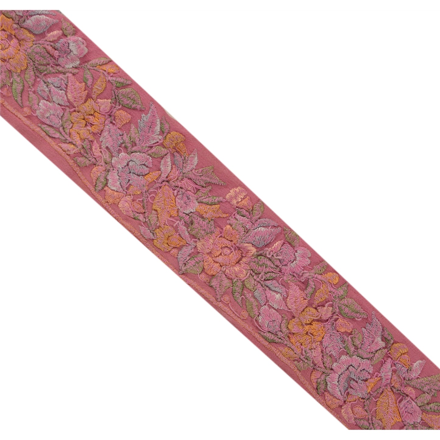 Sanskriti Vintage Sari Border Embroidered 1Yd Trim Sewing Pink Craft Floral Lace