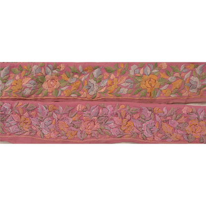 Sanskriti Vintage Sari Border Embroidered 1Yd Trim Sewing Pink Craft Floral Lace