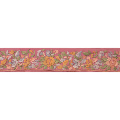 Sanskriti Vintage Sari Border Embroidered 1Yd Trim Sewing Pink Craft Floral Lace