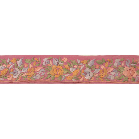 Sanskriti Vintage Sari Border Embroidered 1Yd Trim Sewing Pink Craft Floral Lace
