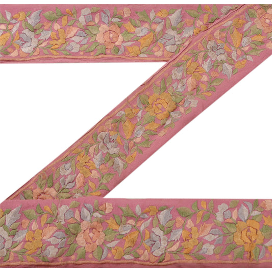 Sanskriti Vintage Sari Border Embroidered 1Yd Trim Sewing Pink Craft Floral Lace
