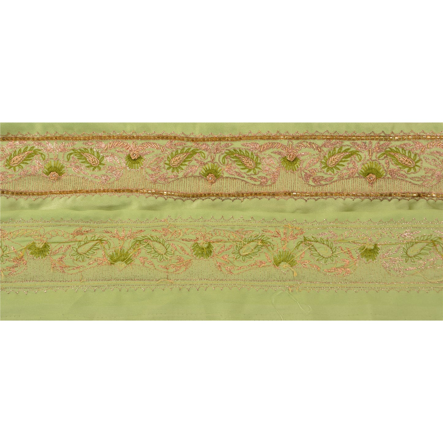 Sanskriti Vintage Sari Border Hand Beaded 1YD Indian Trim Sewing Green Zari Lace