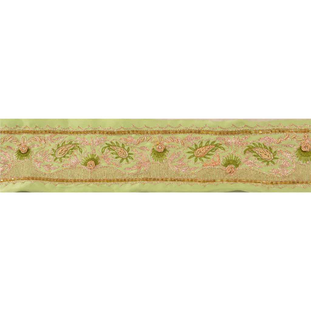 Sanskriti Vintage Sari Border Hand Beaded 1YD Indian Trim Sewing Green Zari Lace