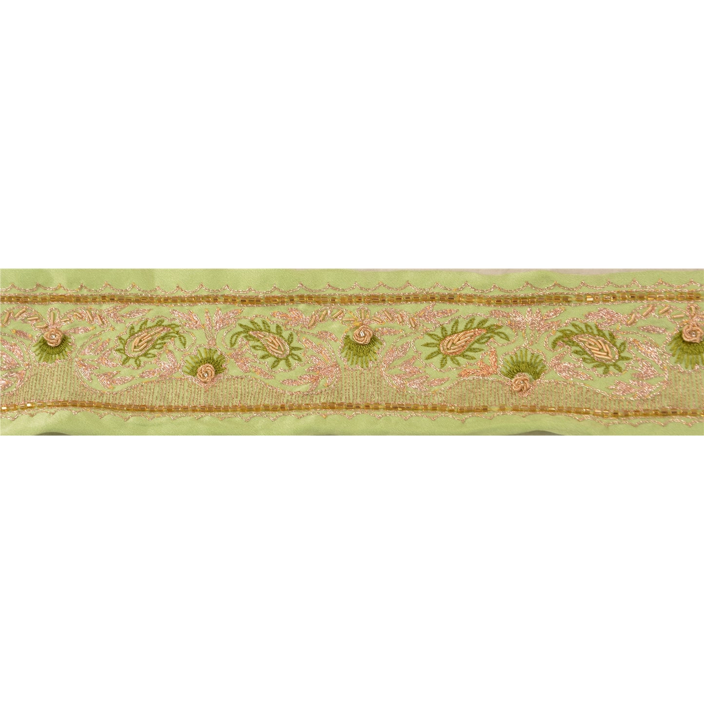 Sanskriti Vintage Sari Border Hand Beaded 1YD Indian Trim Sewing Green Zari Lace