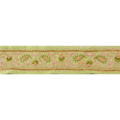 Sanskriti Vintage Sari Border Hand Beaded 1YD Indian Trim Sewing Green Zari Lace