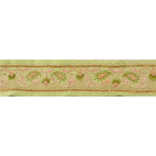 Sanskriti Vintage Sari Border Hand Beaded 1YD Indian Trim Sewing Green Zari Lace