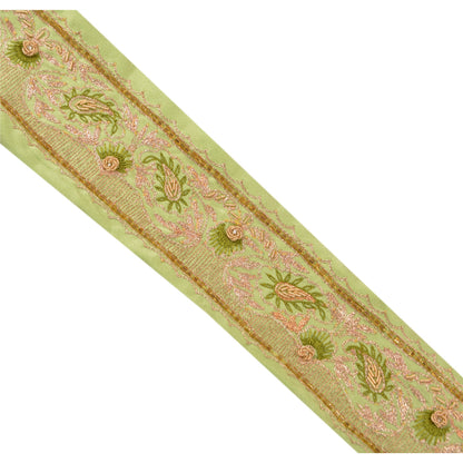 Sanskriti Vintage Sari Border Hand Beaded 1YD Indian Trim Sewing Green Zari Lace