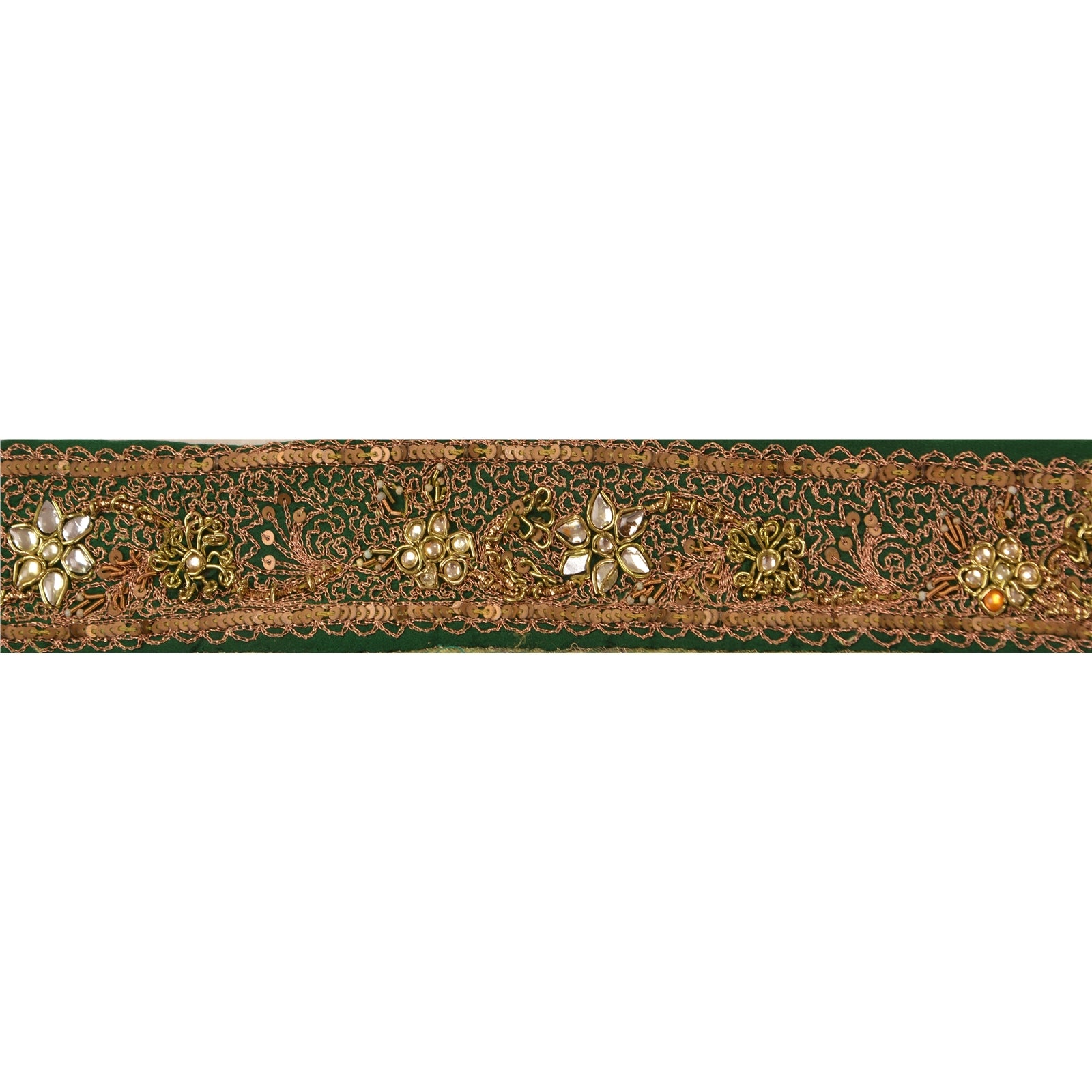 Sanskriti Vintage Sari Border Hand Beaded 1 Yd Trim Sewing Green Kundan Lace