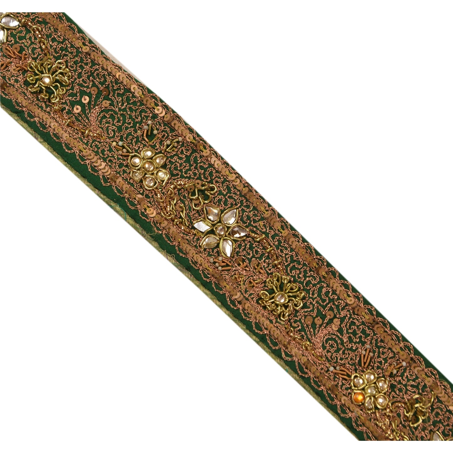 Sanskriti Vintage Sari Border Hand Beaded 1 Yd Trim Sewing Green Kundan Lace