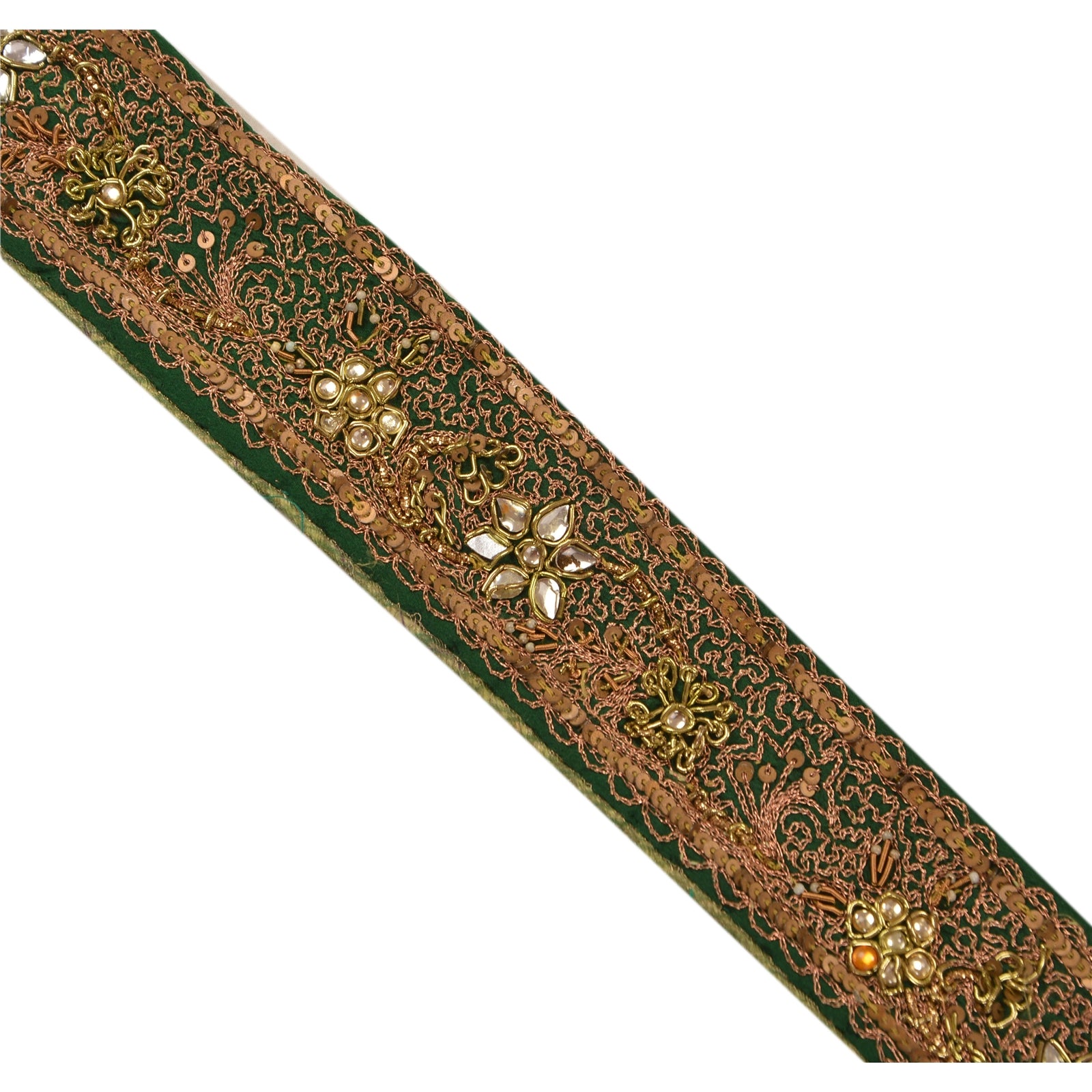 Sanskriti Vintage Sari Border Hand Beaded 1 Yd Trim Sewing Green Kundan Lace