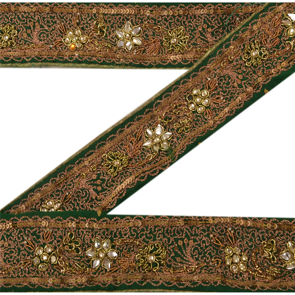 Sanskriti Vintage Sari Border Hand Beaded 1 Yd Trim Sewing Green Kundan Lace